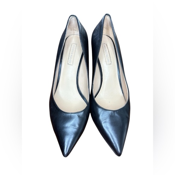 Antonio Melani woman’s leather block heel pointed toe black 3 inch heel sz 8.5 - Picture 1 of 9